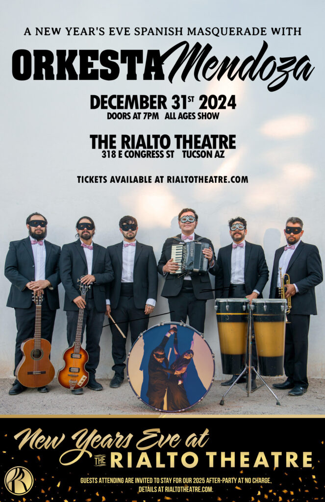 Orkesta Mendoza plays the Rialto Theatre on New Year's Eve 2024. Enjoy this Spanish masquerade and stick around for a bonus after party where Agua de Coco will sala and Cumbia us into 2025! Tickets available at the Rialto Theatre online and in the box office. 